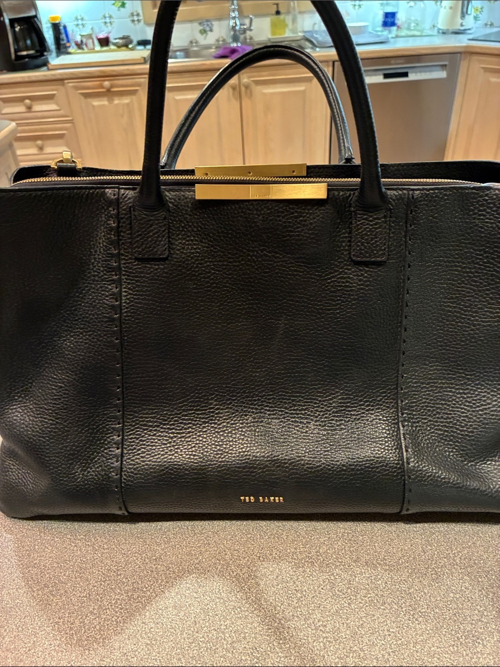 Ted Baker Black Pebbled Leather Tote with Gold Accents